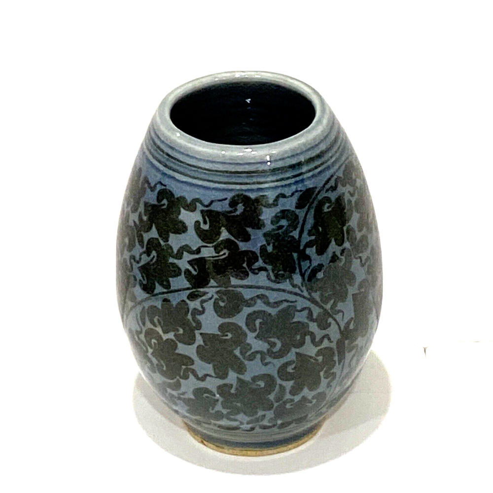 Vintage Art Pottery Mini or Bud Vase Handpainted Blue Brown Floral Glossy Signed